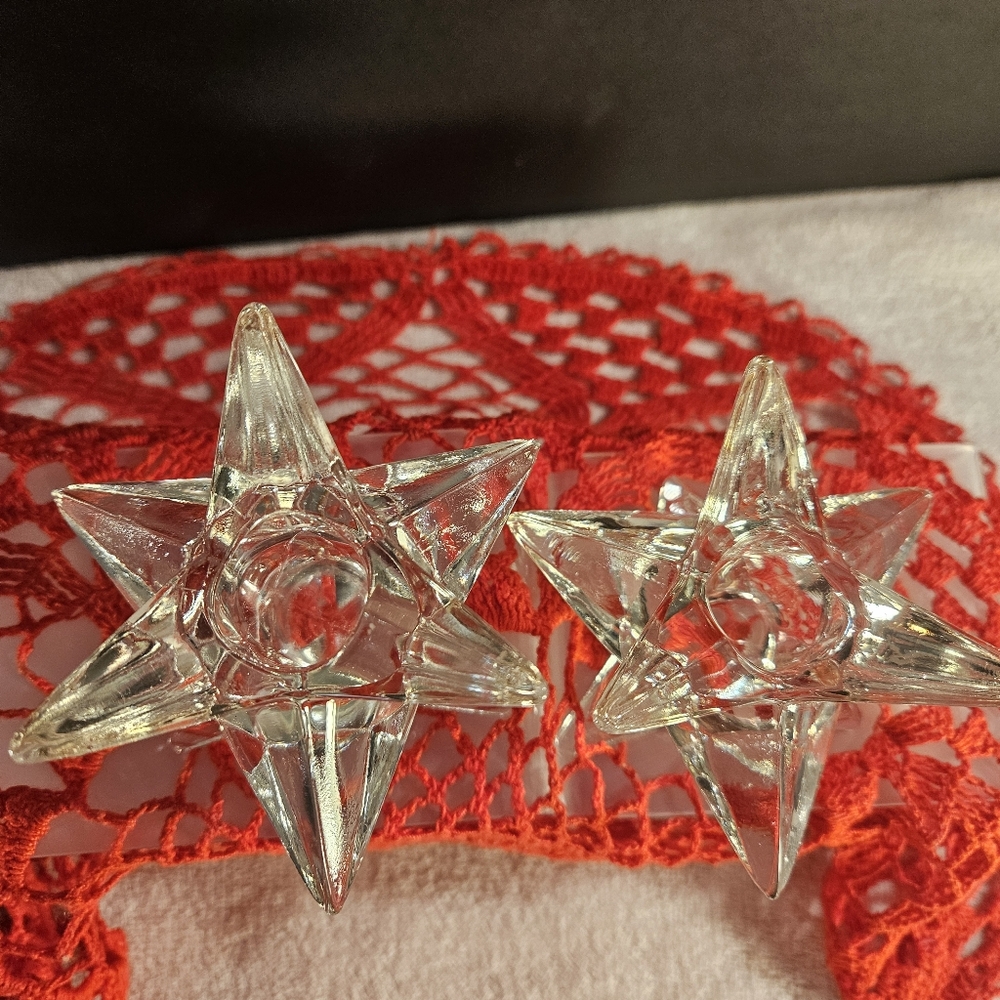 Vintage Set of Two Rosenthal Studio Lead Crystal Diamond Star Candle Holders
